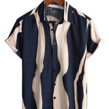 Heren Katoenen Retro Gestreepte Overhemd voor de Zomer Donkerblauw met Korte Mouwen en Knopen
