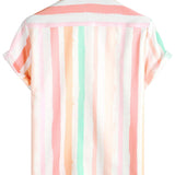 Heren Zomer Katoenen Shirt met Roze-Witte Verticale Strepen, Met Knopen en Pocket, Korte Mouwen