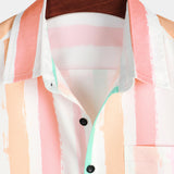 Heren Zomer Katoenen Shirt met Roze-Witte Verticale Strepen, Met Knopen en Pocket, Korte Mouwen