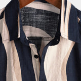 Heren Katoenen Retro Gestreepte Overhemd voor de Zomer Donkerblauw met Korte Mouwen en Knopen