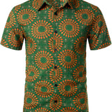 Heren Katoenen Retro Bloemen Overhemd uit de Jaren '70, Groen, voor de Zomer, Strand, Boho, Korte Mouwen