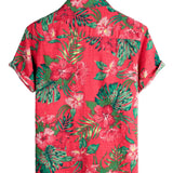 Hawaiiaanse Korte Mouwen Katoenen Overhemd met Rode Bloemen voor Mannen