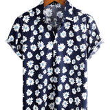 Korte Mouwen Katoenen Hawaii Shirt voor Mannen in Marineblauwe Kleur met Margrieten