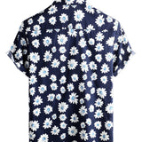 Korte Mouwen Katoenen Hawaii Shirt voor Mannen in Marineblauwe Kleur met Margrieten