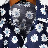 Korte Mouwen Katoenen Hawaii Shirt voor Mannen in Marineblauwe Kleur met Margrieten