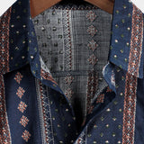 Korte Mouwen Katoenen Overhemd met Knopen voor Mannen, Retro uit de Jaren '70, Streep, Marineblauw, Vintage