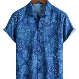 Heren Overhemd met Korte Mouwen in Bloemen van Katoen in Hawaiiaanse Stijl Blauw