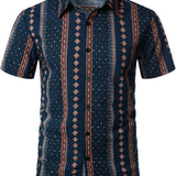 Korte Mouwen Katoenen Overhemd met Knopen voor Mannen, Retro uit de Jaren '70, Streep, Marineblauw, Vintage