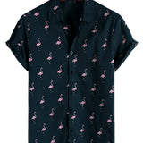 Casual Katoenen Hawaiiaanse Overhemd met Korte Mouwen en Flamingo Knopen voor Mannen
