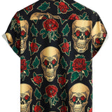 Korte Mouwen Katoenen Shirt met Skull en Rozenpatroon voor Mannen