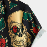 Korte Mouwen Katoenen Shirt met Skull en Rozenpatroon voor Mannen