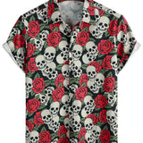Korte Mouwen Katoenen Shirt met Skull en Rozenpatroon voor Mannen