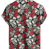 Korte Mouwen Katoenen Shirt met Skull en Rozenpatroon voor Mannen
