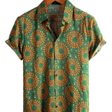 Heren Katoenen Retro Bloemen Overhemd uit de Jaren '70, Groen, voor de Zomer, Strand, Boho, Korte Mouwen