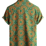 Heren Katoenen Retro Bloemen Overhemd uit de Jaren '70, Groen, voor de Zomer, Strand, Boho, Korte Mouwen