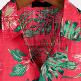 Hawaiiaanse Korte Mouwen Katoenen Overhemd met Rode Bloemen voor Mannen